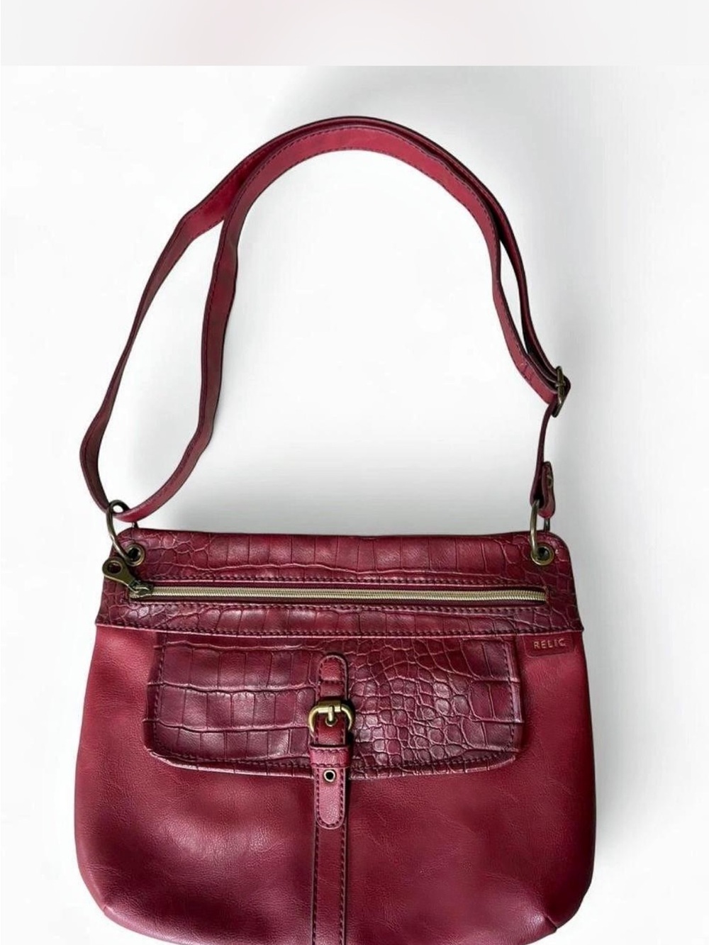 Red Burgundy Croc-Accent Leather Shoulder Bag